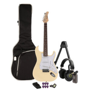 EastCoast ST1 Electric Guitar Silent Bundle in Vintage White with Headphone Amp & Accessories