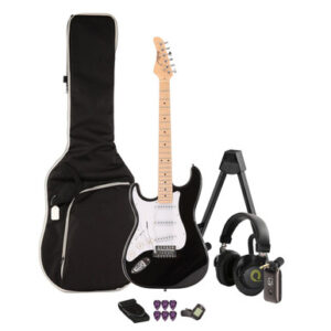 EastCoast ST1 Left Handed Electric Guitar Silent Bundle in White with Headphone Amp & Accessories
