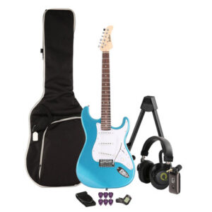EastCoast ST1 Electric Guitar Silent Bundle in Lake Placid Blue with Headphone Amp & Accessories
