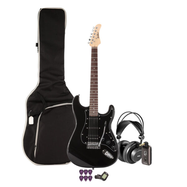 EastCoast ST2 Electric Guitar Silent Bundle in Black Metallic with Headphone Amp & Accessories