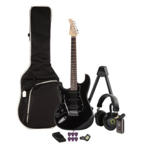 EastCoast ST2 HSS Left Handed Electric Guitar Silent Bundle in Black Metallic with Headphone Amp & Accessories