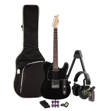 EastCoast T1 Electric Guitar Silent Bundle in Black (Rosewood) with Headphone Amp & Accessories