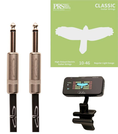 PRS Accessory Pack Including Clip-On Tuner, Classic 25ft Instrument Cable & Pack of 10-46 Strings